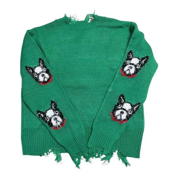 Girls Green Distressed Sweater – Dog Face Pattern w Jingle Bells – Size L - Picture 2 of 5